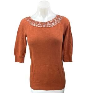 Rubbish Orange Knit Crochet Lace Half Sleeve Crew Neck Blouse Sweater Top Size M